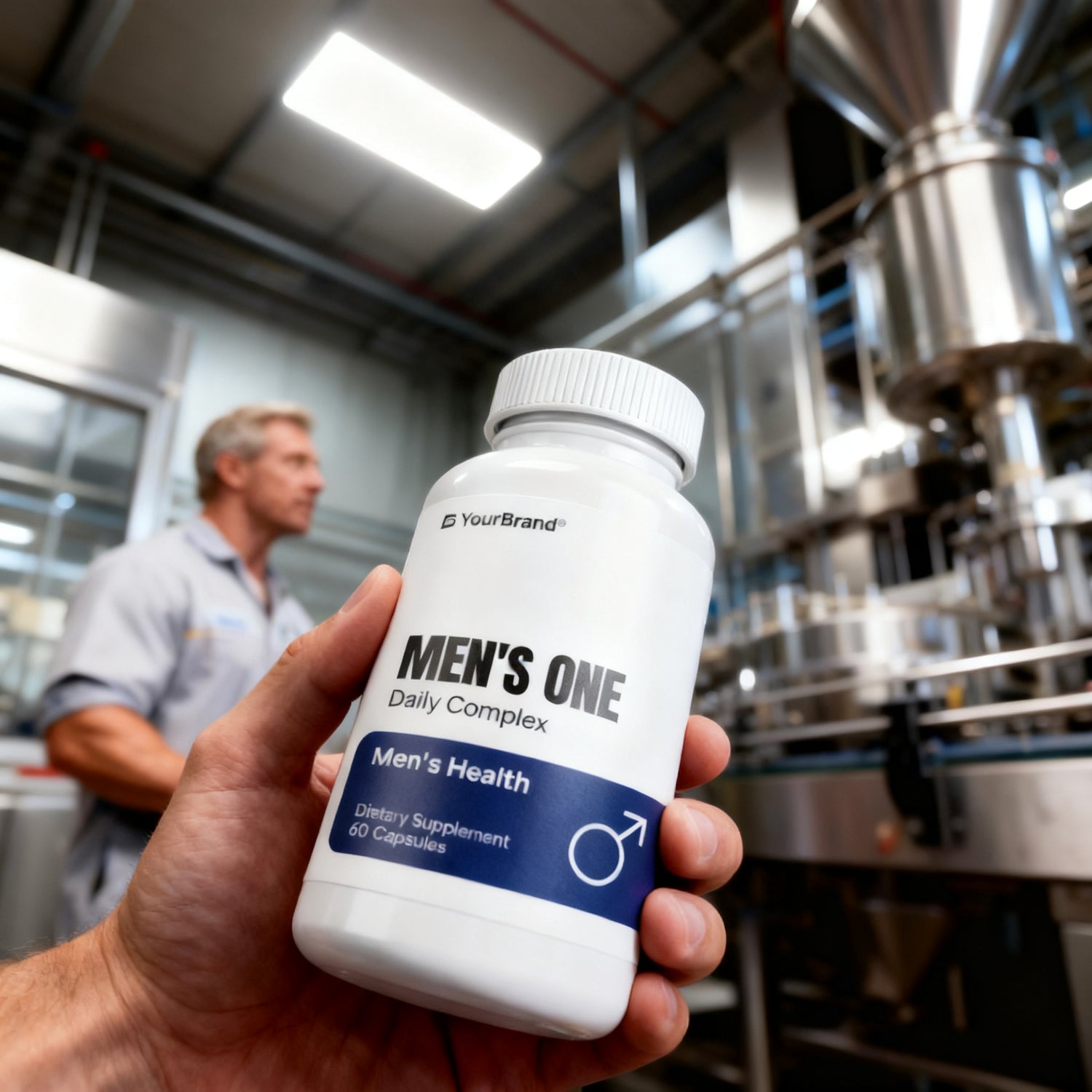 Hand holding a private label men's daily multivitamin complex bottle