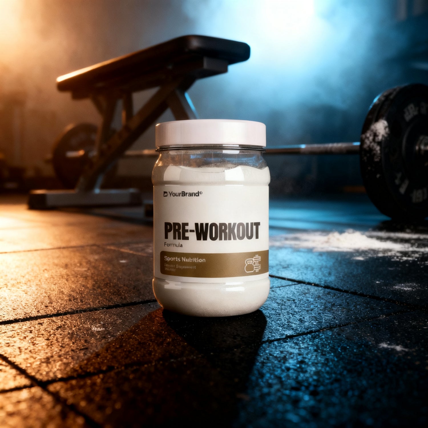 Private label pre-workout powder container in a gym environment