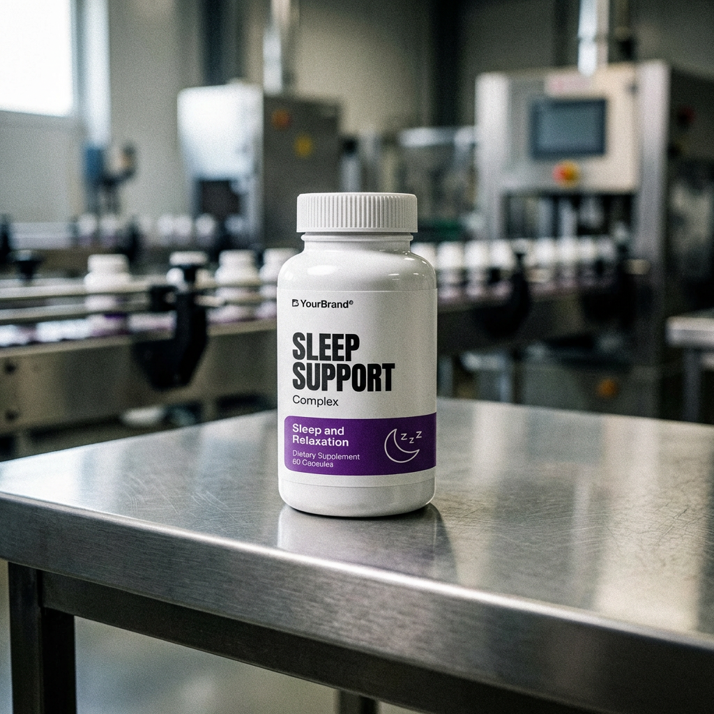 Private label sleep support supplement bottle on a metal production surface