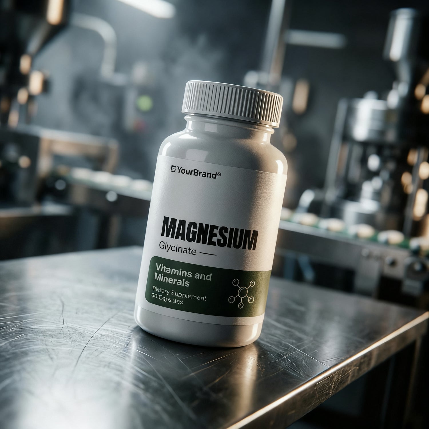 Private label magnesium glycinate supplement bottle on a metallic surface
