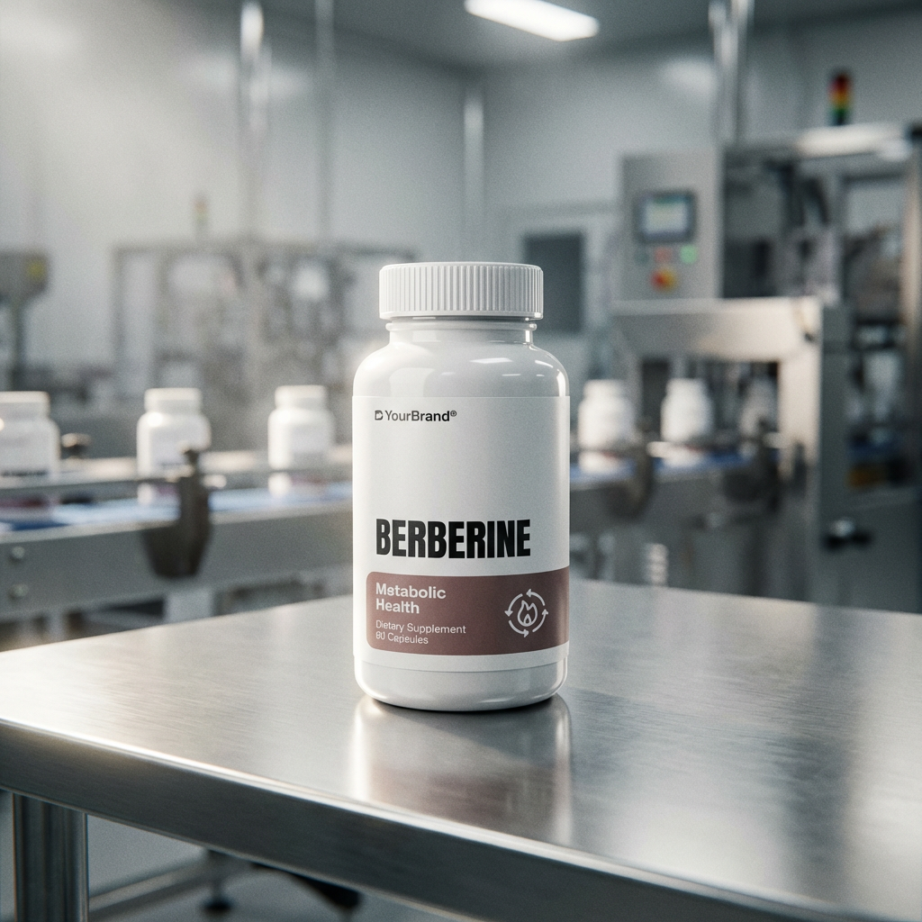 Private label berberine metabolic health supplement bottle in a factory setting