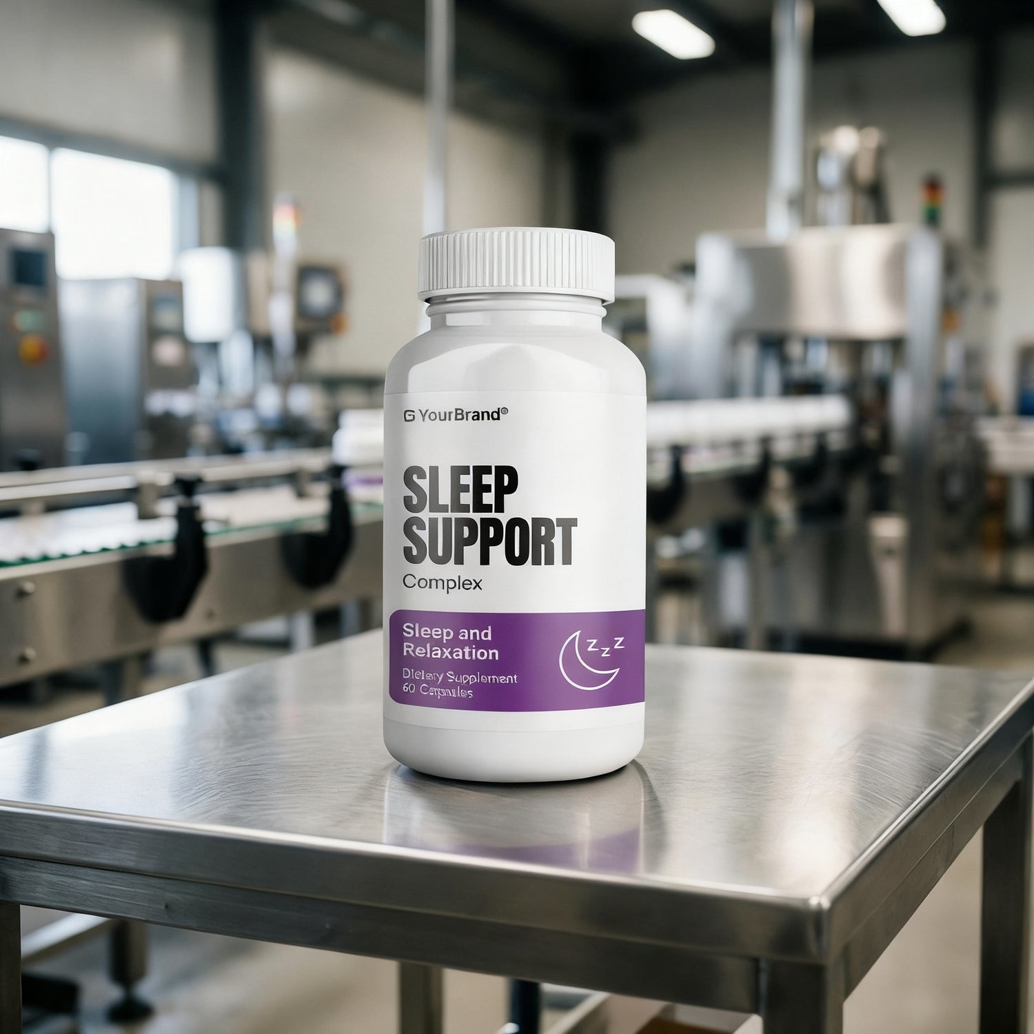 Private label sleep support formula bottle on a factory table