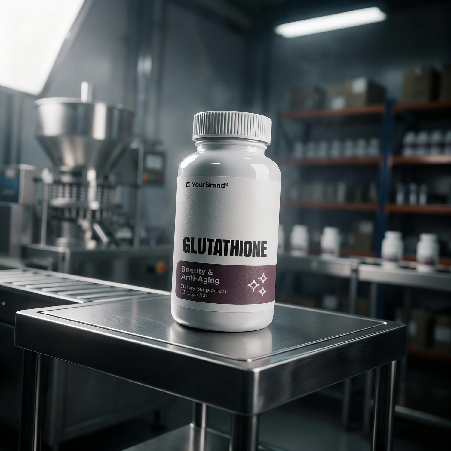 Private label glutathione beauty supplement bottle in a production facility