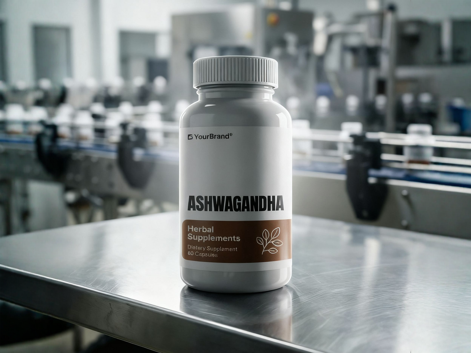 Private label ashwagandha adaptogen supplement bottle in a manufacturing facility