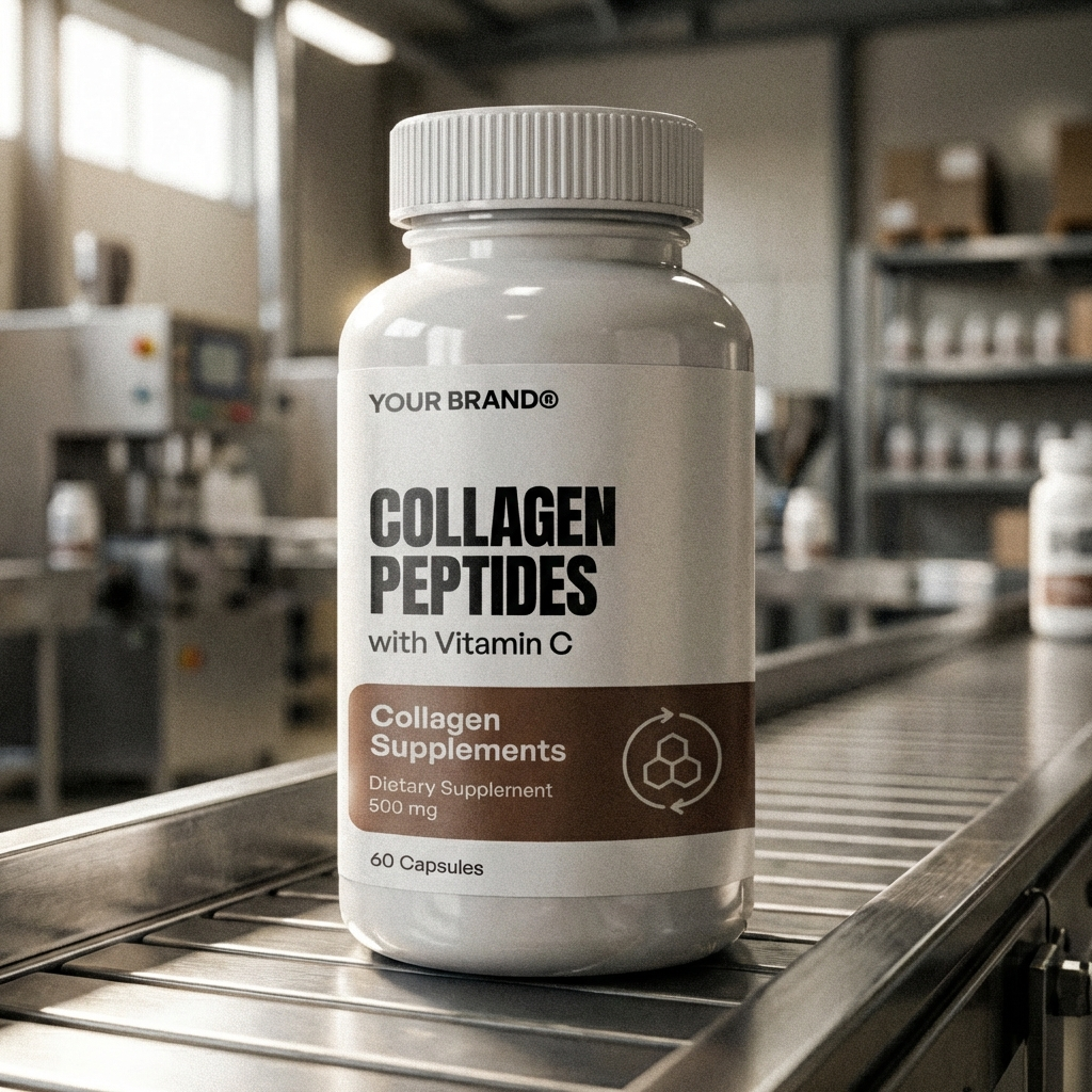 Private label collagen peptides powder container on a supplement production line